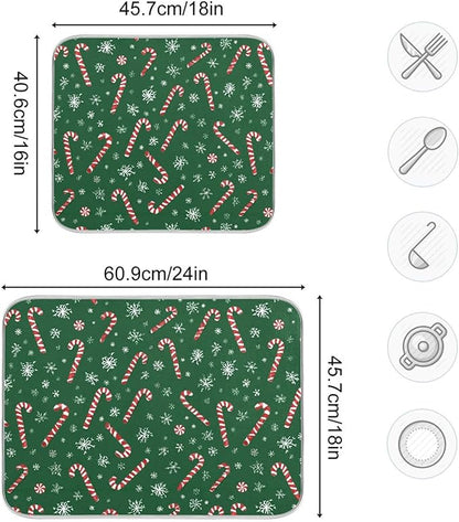Christmas Candy Cane Dish Drying Mat for Kitchen Countertop 16x18 Winter Snowflake Green Xmas Small Drying Mat Reusable Quick Dry Dish Sink Mats Easy Clean Decorative Essentials