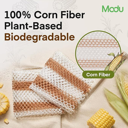 Modu 6 Pack EcoCorn Dish Sponges Scrubbers – 100% Corn Fiber, Biodegradable Kitchen Scrub Pads for Multipurpose Household Cleaning, Odor-Free, Plastic-Free Kitchen Mesh Net (Thin & Foamy 6 Count)