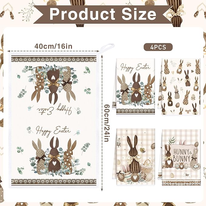 Easter Kitchen Towels Set of 4, Farmhouse Hunny Bunny Easter Dish Towels Gifts for Cooking Cleaning, Spring Hand Towels with Hanging Loop for Kitchen Bathroom Home Decor