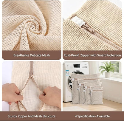 100% Cotton Mesh Laundry Bags, Premium Soft, No Dye, Set of 4, Natural