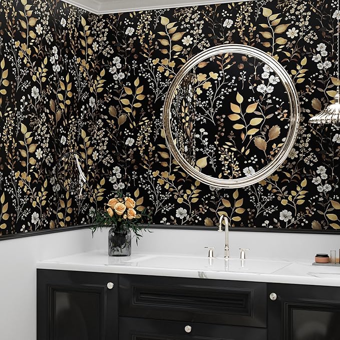 Laatse Boho Wallpaper Peel and Stick Dark Floral Wallpaper 17.5in x393in Vintage Leaf Contact Paper Vinyl Waterproof Self Adhesive Golden Leaf Botanical Wall Paper for Cabinet Table Drawer Decor