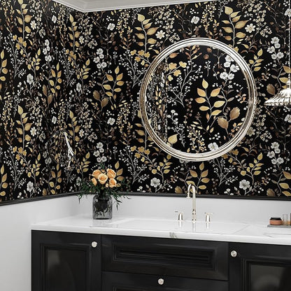 Laatse Boho Wallpaper Peel and Stick Dark Floral Wallpaper 17.5in x393in Vintage Leaf Contact Paper Vinyl Waterproof Self Adhesive Golden Leaf Botanical Wall Paper for Cabinet Table Drawer Decor