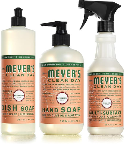 MRS. MEYER'S CLEAN DAY Kitchen Essentials Set, Includes: Hand Soap, Dish Soap, and All Purpose Cleaner, Geranium, 3 Count Pack