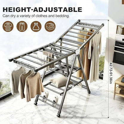 Heavy Duty 3-Tier Clothes Drying Rack with Wheels & Shoe Rack - Large 5.9ft Foldable Metal Laundry Stand, Portable Collapsible Clothing Hanger for Indoor Outdoor Use in Laundry Room