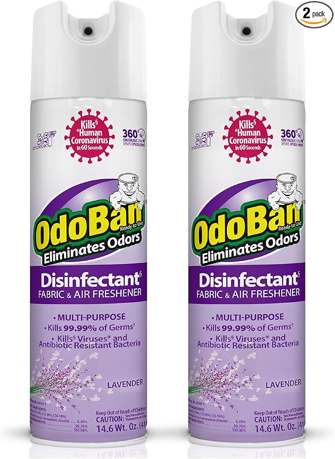 OdoBan Ready-to-Use 360-Degree Continuous Spray Disinfectant and Harsh Aroma Eliminator, Fabric and Air Freshener, 2 Pack, 14.6 Ounces Each, Lavender Scent