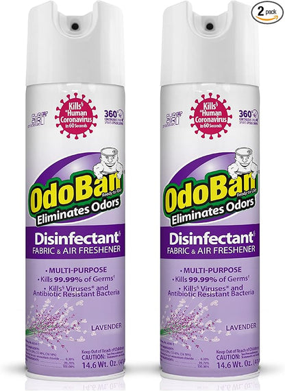OdoBan Ready-to-Use 360-Degree Continuous Spray Disinfectant and Harsh Aroma Eliminator, Fabric and Air Freshener, 2 Pack, 14.6 Ounces Each, Lavender Scent