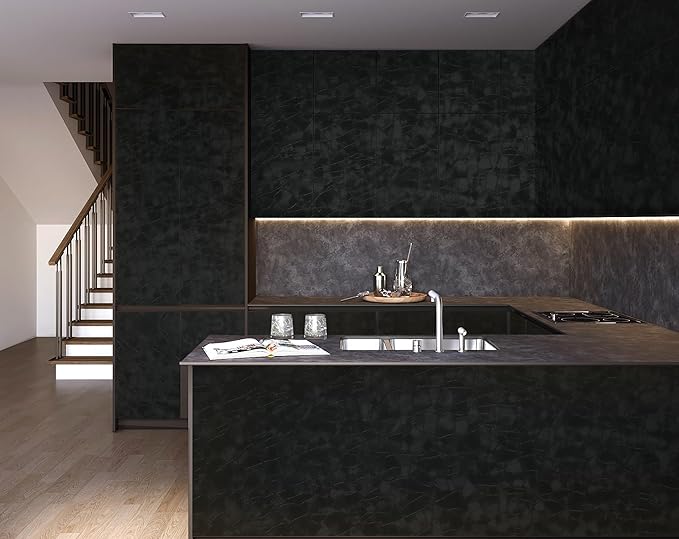 Yasinet Peel and Stick Wallpaper Black Removable Wallpaper Modern Black Contact Paper Dark Thicken Self Adhesive Textured Wall Paper for Cabinets Badroom Waterproof Vinyl 78.7"x 15.7"