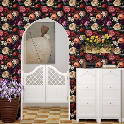 Fvlow Dark Floral Wallpaper Peel and Stick Vintage Colorful Flower Contact Paper 17.4" x 118" Black Floral Wallpaper Waterproof Self-Adhesive Wall Covering for Bedroom Countertop Desk Cabinet