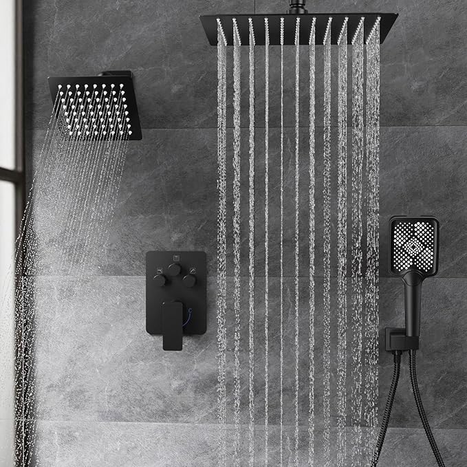 Shower Faucet Set,Matte Black Push Button Shower System with Rain Shower and Handheld,Black Shower Faucet with Valve Ceiling Mount 12 Inch Shower Head and 6 Inch Shower Head with Handheld