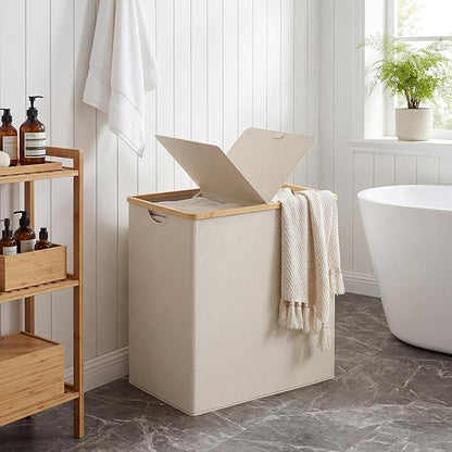 efluky Laundry Hamper with Lid, Double Laundry Hamper with 2 Removable Bags, 2 Section Laundry Basket with Bamboo Handles for Bathroom, Bedroom & Laundry Room, 140L (36.9 Gallon) Beige