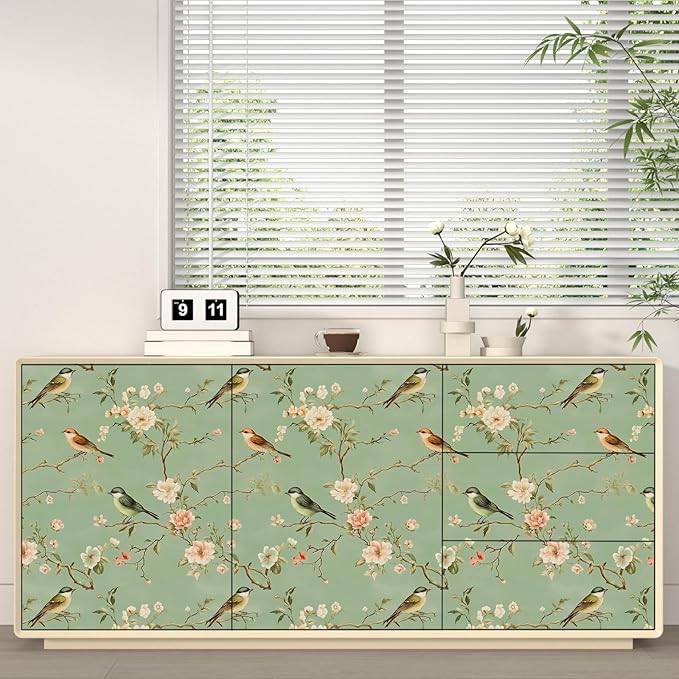 Laatse Green Floral Wallpaper Peel and Stick Bird Wallpaper Pink Flower Contact Paper 17.5" × 118" Waterproof Vinyl Self Adhesive Vintage Wall Paper for Bedroom Walls Cabinet Locker Decor