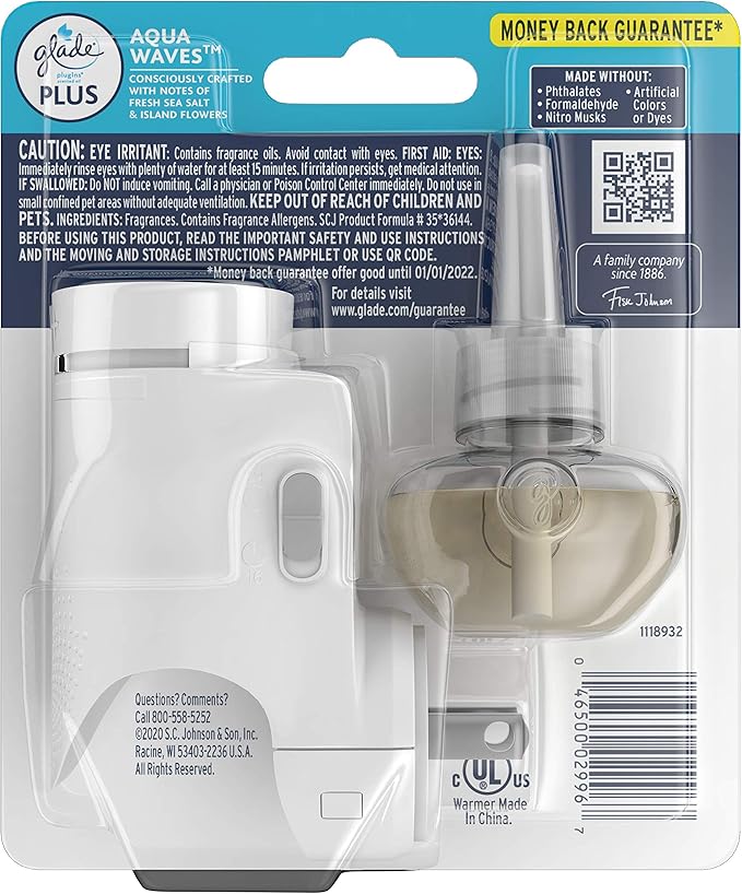 Glade PlugIn Plus Air Freshener Starter Kit, Scented Oil for Home and Bathroom, Aqua Waves, 0.67 Fl Oz, 1 Warmer + 1 Refill (Pack of 2)