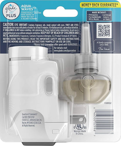 Glade PlugIn Plus Air Freshener Starter Kit, Scented Oil for Home and Bathroom, Aqua Waves, 0.67 Fl Oz, 1 Warmer + 1 Refill (Pack of 2)