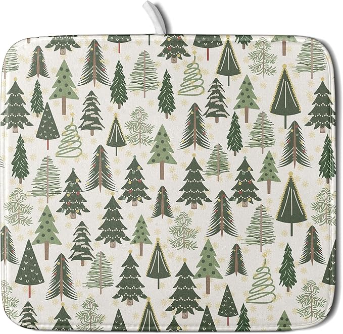 Christmas Dish Drying Mat for Kitchen Counter 16x18 Green Xmas Tree Block Print Winter Holiday Theme Absorbent Reversible Microfiber Drying Mats Kitchen Countertop Protector Dishes Drainer Pad