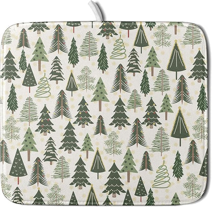 Christmas Dish Drying Mat for Kitchen Counter 16x18 Green Xmas Tree Block Print Winter Holiday Theme Absorbent Reversible Microfiber Drying Mats Kitchen Countertop Protector Dishes Drainer Pad