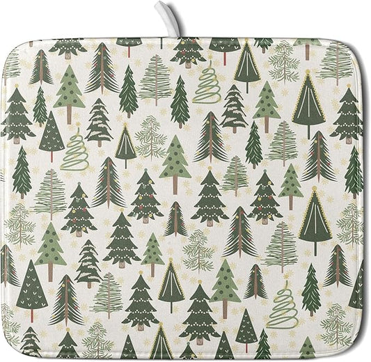 Christmas Dish Drying Mat for Kitchen Counter 16x18 Green Xmas Tree Block Print Winter Holiday Theme Absorbent Reversible Microfiber Drying Mats Kitchen Countertop Protector Dishes Drainer Pad