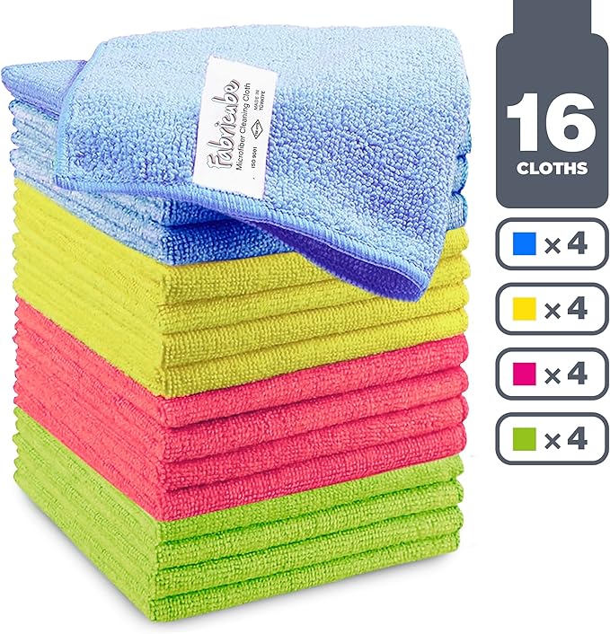 Turkish Microfiber Cleaning Cloth of 4 Colors | 20% Polyamide for Elevated Liquid Suction | Must Have Drying Supply for Kitchen and Home Accessories | Rags with Reinforced Edges, Pack of 16