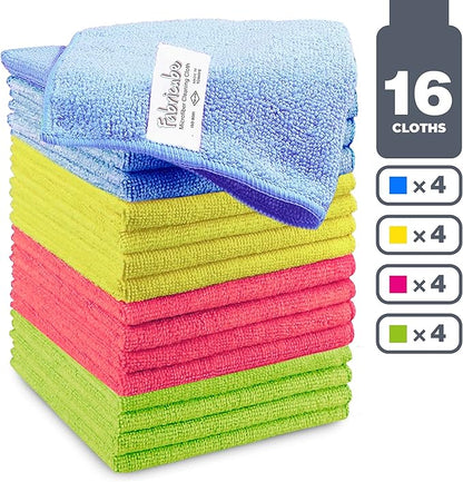 Turkish Microfiber Cleaning Cloth of 4 Colors | 20% Polyamide for Elevated Liquid Suction | Must Have Drying Supply for Kitchen and Home Accessories | Rags with Reinforced Edges, Pack of 16
