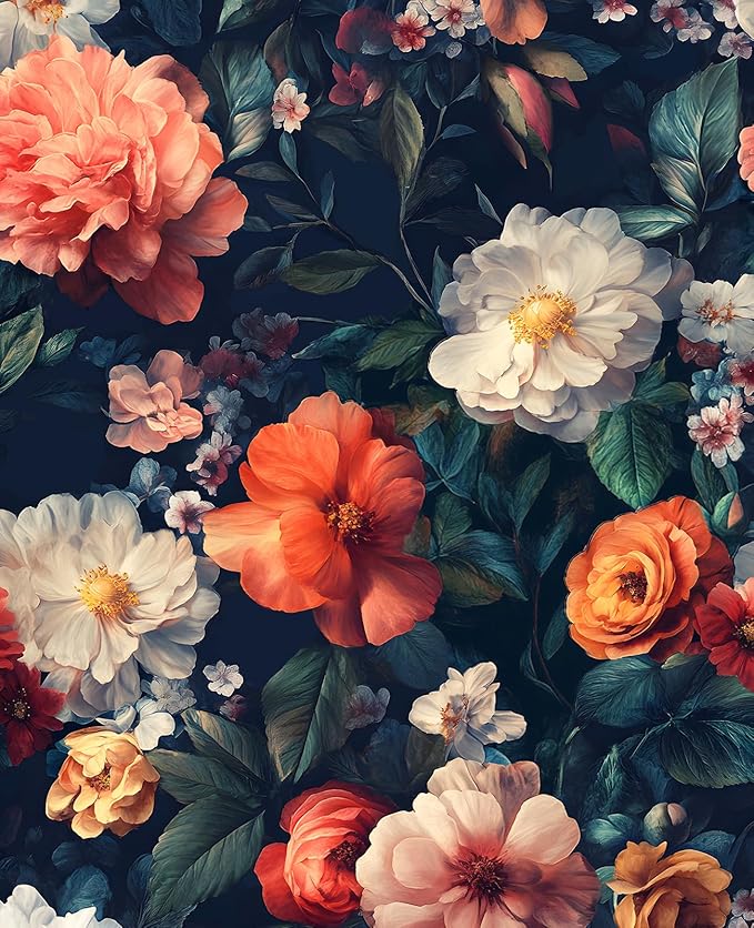 Vintage Black Floral Wallpaper, Retro Dark Colorful Flower Self Adhesive Contact Paper for Cabinet Bathroom Powder Room, Vinyl Moody Boho Botanical Flower Design Accent Wall Art 17.5In x 118In