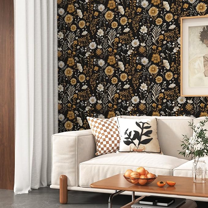 Laatse Vintage Floral Wallpaper Peel and Stick Black Leaf 17.5" x 118" Contact Paper Botanical Flower Self Adhesive Vinyl Waterproof Removable for Kitchen Bathroom Shelves Cabinet Drawer Table Decor