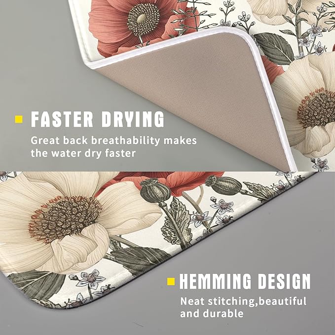 Floral Dish Drying Mat for Kitchen Counter 18x16 Inch Beige Pink Big Flower Drying Mat with Absorbent Reversible Microfiber Season Spring Dish Drainer Mats Rack Pad for Coffee Countertop Protector