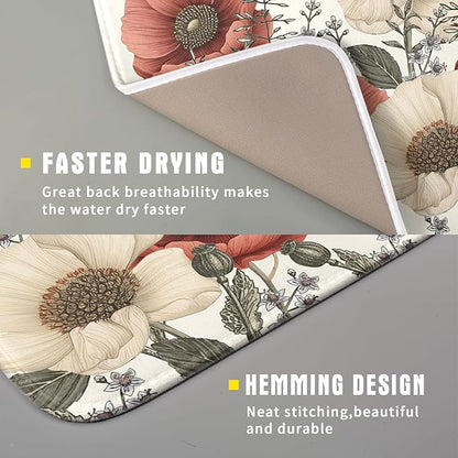 Floral Dish Drying Mat for Kitchen Counter 18x16 Inch Beige Pink Big Flower Drying Mat with Absorbent Reversible Microfiber Season Spring Dish Drainer Mats Rack Pad for Coffee Countertop Protector