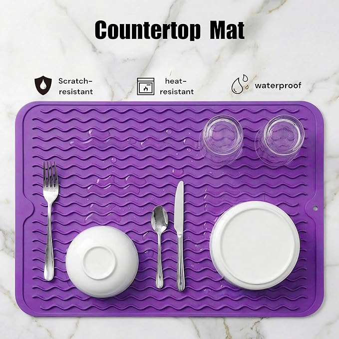 MicoYang Silicone Dish Drying Mat for Multiple Usage,Easy clean,Eco-friendly,Heat-resistant Silicone Mat for Kitchen Counter or Sink,Refrigerator or drawer liner Purple L 16 inches x 12 inches