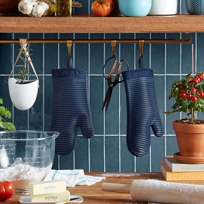 KITCHENAID Ribbed Soft Silicone Oven Mitt 2-Pack Set, 7.5"x13", Ink Blue