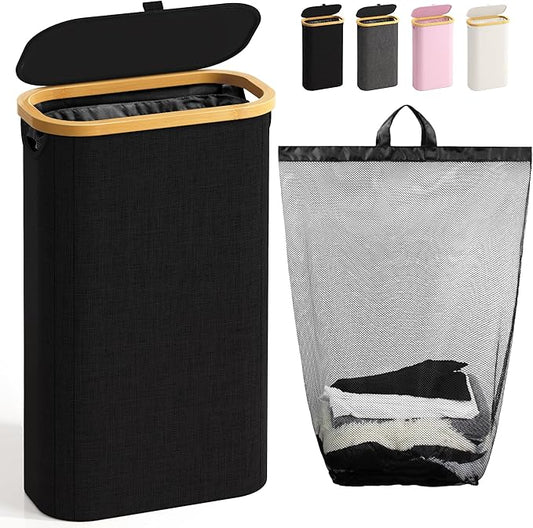 75L Slim Laundry Hamper with Lid, Dirty Clothes Hampers for Laundry, Collapsible Laundry Baskets for Small Spaces, Bedroom, Bathroom, Laundry Room, Black