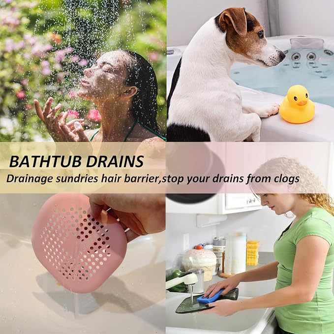 Hair Drain Catcher,Square Drain Cover for Shower Silicone Hair Stopper with Suction Cup,Easy to Install Suit for Bathroom,Bathtub,Kitchen 2 Pack (Pink)