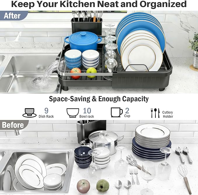 Kmiectse Dish Drying Rack – Expandable Dish Rack for Kitchen Counter, Stainless Steel Dish Drainer with Utensil Holder, Black