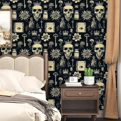 Skull Wallpaper Peel and Stick, Black Beige Witcher Gothic Contact Paper, Vintage Fancy Wall Paper Self Adhesive Removable Waterproof for Bathroom Bedroom Shelf Cabinet Drawer Table 17.5" x 118"