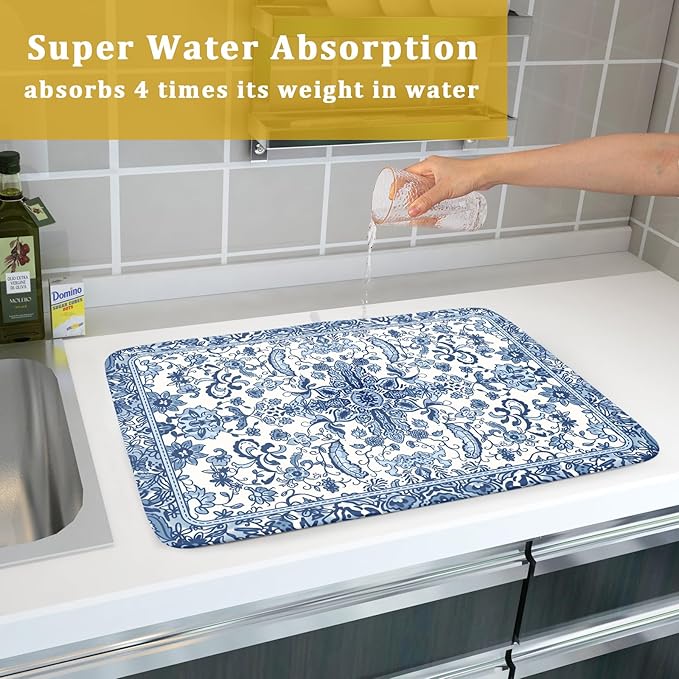 Chinoiserie Floral Dish Drying Mat for Kitchen Counter Blue and White Flowers Pattern Dish Drying Pad 18”x24”Absorbent Reversible Seasonal Decor Dishes Drainer Pad Dish Dry Rack Mat for Counter top