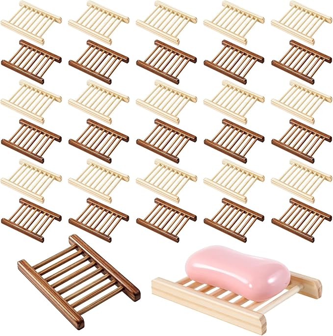 30 Pcs Bamboo Wood Soap Holder Savers Bulk, Wooden Shower Soap Dish Bulk, Wooden Soaps Dish Tray, Self Draining Dishes Handcraft Tray for Bathroom Kitchen Home(Natural Color & Charcoal)