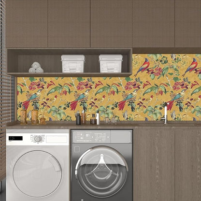 Vintage Floral Bird Wallpaper Peel and Stick,Boho Yellow Contact Paper, Retro Botanical Wall Paper Self Adhesive Removable Waterproof for Bedroom Walls Shelves Cabinet Table Decoration 17.5in x 393in