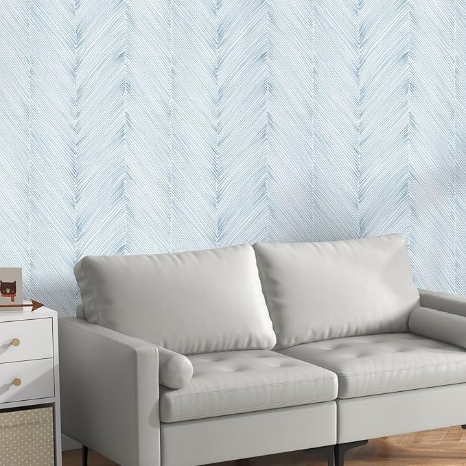 Modern Peel and Stick Wallpaper A Set of 17.3"x480" Grey Blue Herringbone Striped Wall Paper Boho Self-Adhesive Removable Contact Paper for Cabinets Bathroom Bedroom Wall Decor