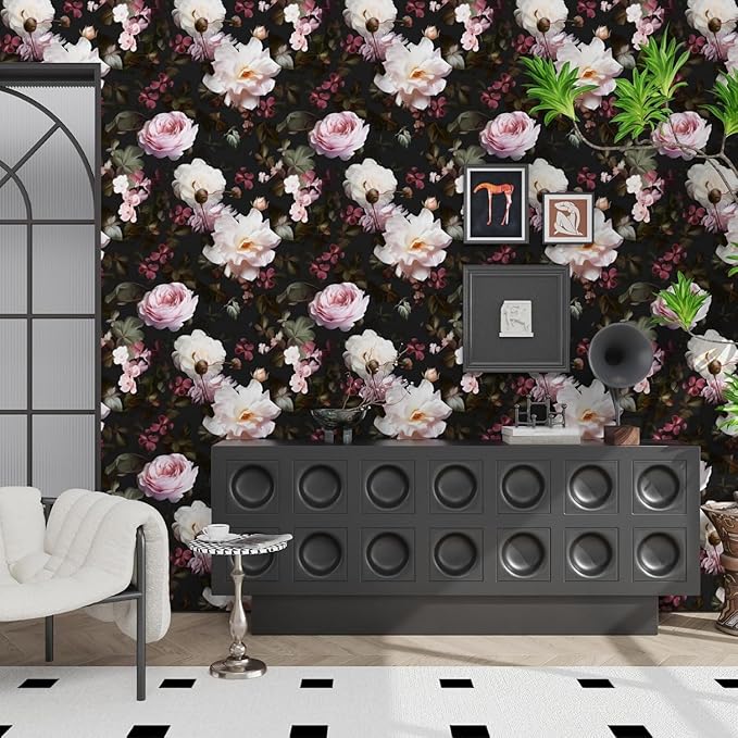Fvlow Glowing Pink Floral Peel and Stick Wallpaper Vintage Black Wallpaper Vinyl Wrap Kitchen Worktop Covering Vinyl Self Adhesive Leaf Contact Paper for Cabinets Drawers Sticker Decor 17.4" x 394"