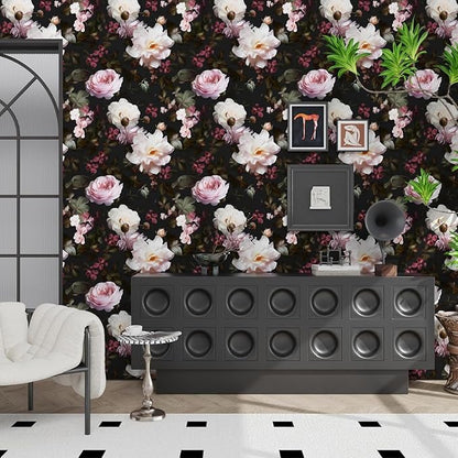 Fvlow Glowing Pink Floral Peel and Stick Wallpaper Vintage Black Wallpaper Vinyl Wrap Kitchen Worktop Covering Vinyl Self Adhesive Leaf Contact Paper for Cabinets Drawers Sticker Decor 17.4" x 394"