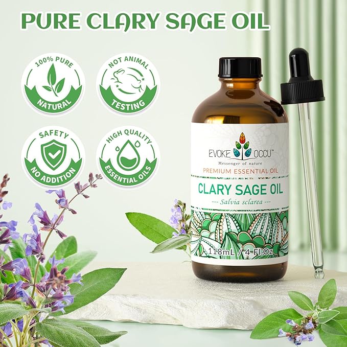 EVOKE OCCU Clary Sage Oil Essential Oil for Relaxation, Moisturize Skin, Air Freshening, Add to Spray and Diffuser - 4 FL Oz