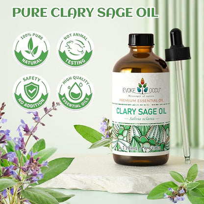 EVOKE OCCU Clary Sage Oil Essential Oil for Relaxation, Moisturize Skin, Air Freshening, Add to Spray and Diffuser - 4 FL Oz
