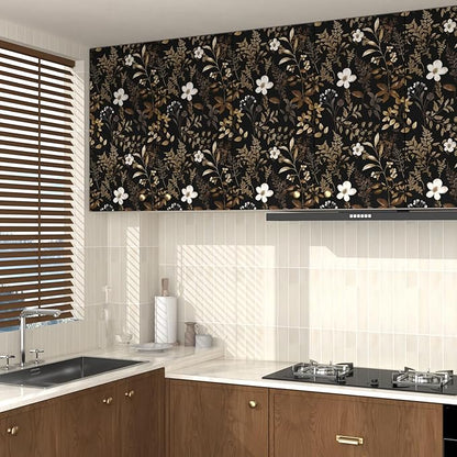 Boho Floral Wallpaper Peel and Stick Black Gold Wallpapers 17.5'' x 393'' Vintage Gold Leaf Contact Paper for Cabinets Waterproof Self Adhesive Removable Wall Paper for Kitchen Table Countertop Walls
