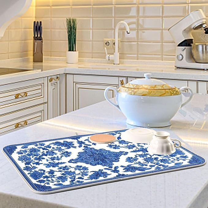 Blue White Porcelain Floral Dish Drying Mat for Kitchen Countertop 16x18 Rectangle Small Drying Mat Reusable Quick Dry Dish Sink Absorbent Mats Dishwasher Easy Clean Decorative Home Decor Essentials