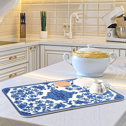 Blue White Porcelain Floral Dish Drying Mat for Kitchen Countertop 16x18 Rectangle Small Drying Mat Reusable Quick Dry Dish Sink Absorbent Mats Dishwasher Easy Clean Decorative Home Decor Essentials