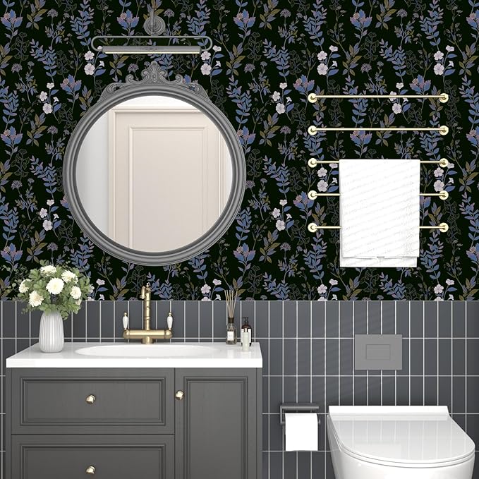 Fvlow Black Blue Floral Wallpaper Peel and Stick Boho Blue Purple Leaf Contact Paper 17.4" X 118" Vintage Wallpaper Waterproof Self-Adhesive Dark Wall Covering for Bedroom Countertop Desk Cabinets