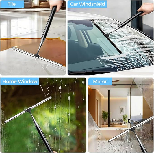 16.7“- 59.5" Long Handle Window Squeegee with Extension Pole, 12.4" Wide Metal Shower Squeegee for Glass Doors, 2-in-1 Squeegee for Home Window Cleaning, Tile Wall, Car (Silver)