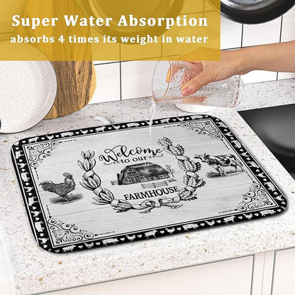 Farm Animal Dish Drying Mat 16x18 Inch Welcome to Our Farmhouse Microfiber Dish Drainer Pads Absorbent Fast Dry Kitchen Accessories