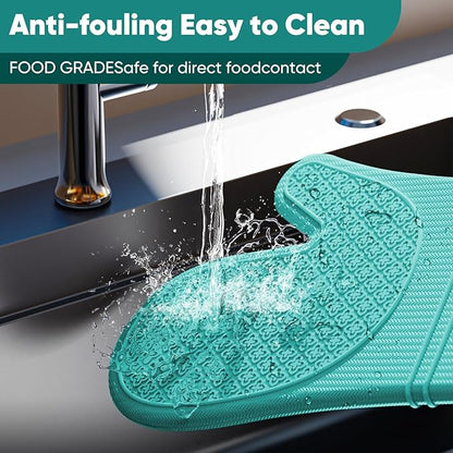 Silicone Oven Mitts, Heat Resistant Oven Gloves with Quilted Liner, Waterproof & Non-Slip Kitchen Mittens for Baking Cooking BBQ, 500°F, 12.5"-Aqua Sky