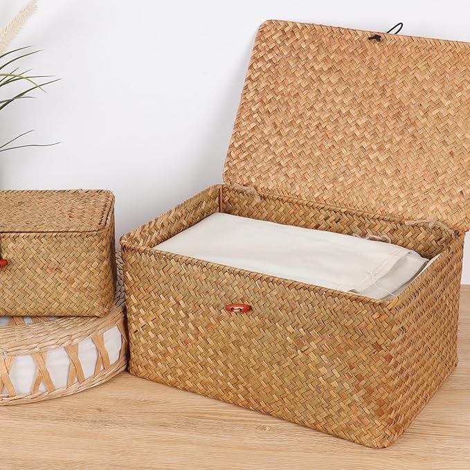 Wicker Shelf Baskets with Lid,Natural Seagrass Storage Basket Boxes Handwoven Rectangular Baskets Bins Multipurpose Home Organizer Decor (Small)