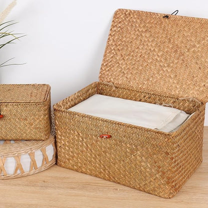 Wicker Shelf Baskets with Lid,Natural Seagrass Storage Basket Boxes Handwoven Rectangular Baskets Bins Multipurpose Home Organizer Decor (Small)