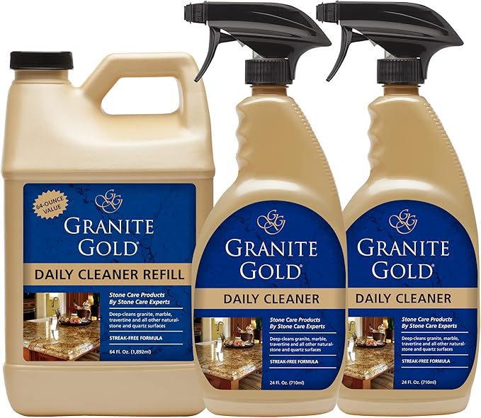 Granite Gold Daily Cleaner Spray Streak-Free Cleaning for Granite, Marble, Travertine, Quartz, Natural Stone Countertops, and Floors, 1 x 64 Fl. Oz. & 2 x 24 Fl. Oz., 3-Pack
